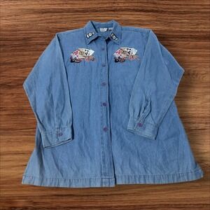 JJ Classics Women's Denim Shirt Gambling Bingo Cards Dice Embroidery Long Sleeve